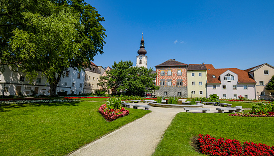 Frauenfeld, TG / Switzerland - 14. July 2019: view of the historic half-timbered medieval castle in the city of Frauenfeld