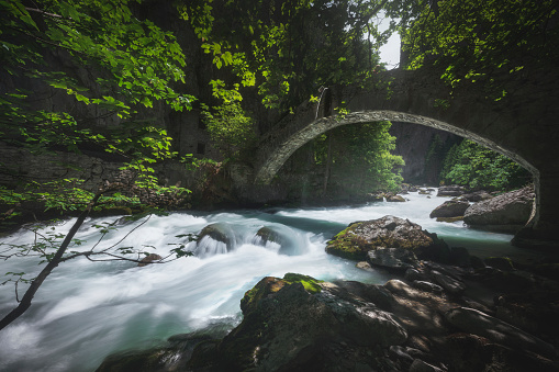An old stone bridge over the stream in the Orrido of Pré Saint Didier, a view in summer of this deep ravine in Aosta valley. Italy.