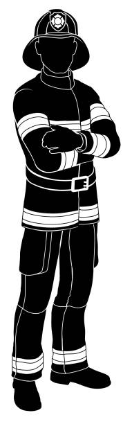 Fireman Person Silhouette Firefighter Man Silhouette fireman or firefighter fire man person in uniform and helmet. silhouette of firefighter logo stock illustrations