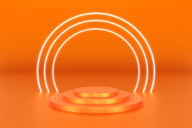 istock 3d platform orange color for product background stage or podium and blank display platform with ring circle neon white color . 3d illustration rendering 1624790303