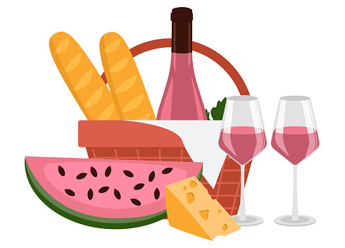 Bottle of rose wine, wine in glasses, cheese, baguettes, watermelon and a picnic basket. Vector graphic.