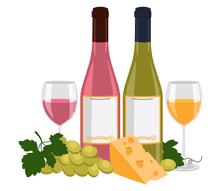 Bottle of rose wine and a bottle of white wine, wine in glasses, cheese and grape. Vector graphic.