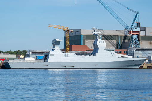 Kiel, Germany - June 16, 2021: Sa'ar 6-class corvette for the Israeli Navy under construction at German Naval Shipyards Kiel
