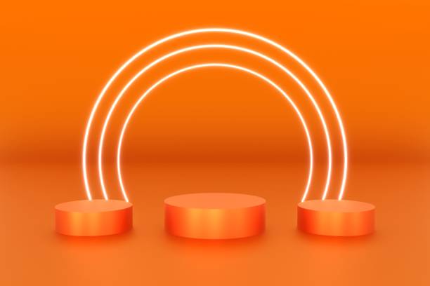 istock 3d platform orange color for product background stage or podium and blank display platform with ring circle neon white color . 3d illustration rendering 1624799995