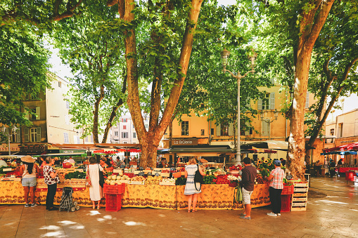 Aix-en-Provence, France - May 09, 2017 : The food market on the square in Aix-en-Provence.
