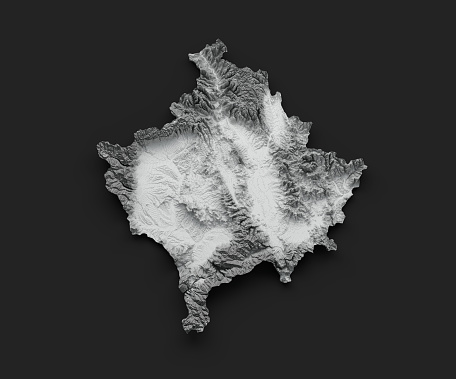 Kosovo Map white Shaded relief Color Height map on white Background 3d illustration\nSource Map Data: tangrams.github.io/heightmapper/,\nSoftware Cinema 4d