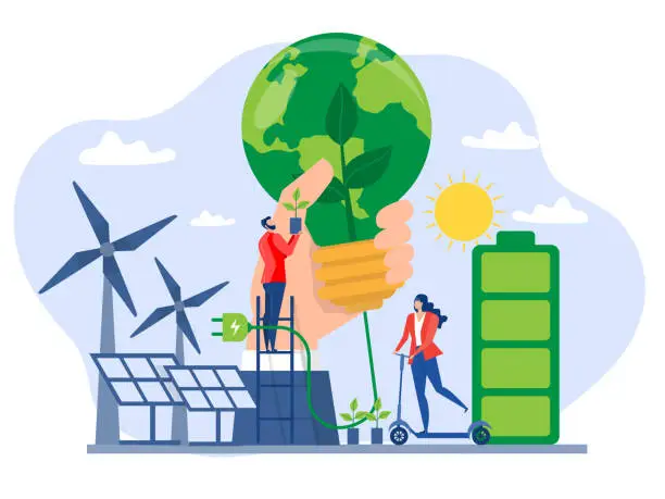 Vector illustration of Clean energy concept.Renewable energy for better future Electricity from solar panels and windmills  Vector illustration in a flat style