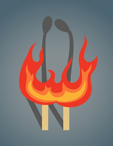 Two burning matches. Flat vector illustration on a gradient background. Cartoon wooden match on fire. EPS 10.
