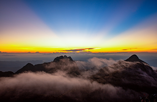 Aerial top view High mountain in morning time. Beautiful natural landscape Beautiful Sunrise Natural view on the hill, sea fog