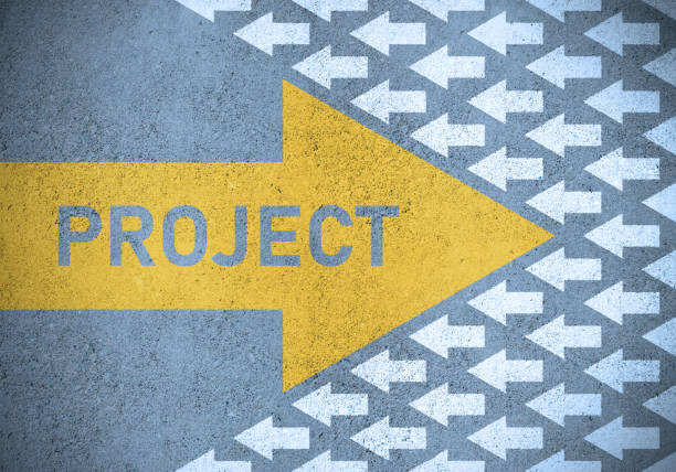 A prominent yellow project arrow indicating forward progression contrasts starkly against a multitude of smaller arrows, symbolizing obstacles or challenges.