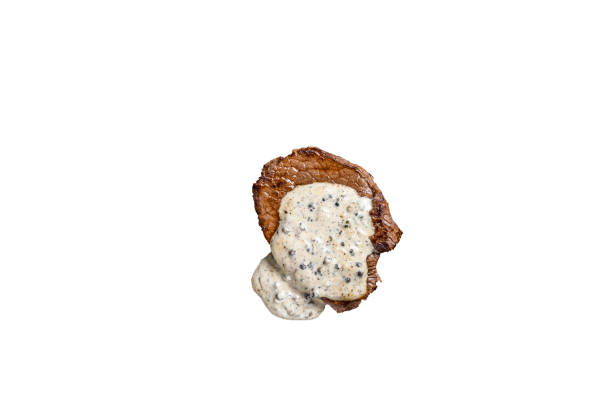 Grilled sirloin beef meat steak with peppercorn sauce.    High quality Isolate, white background.