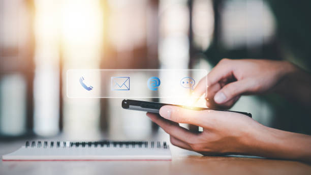 istock Communication concept with email, message box and contacts icons ,Connection with modern network technology ,contact us ,business communication without borders ,Customer support hotline 1624843286