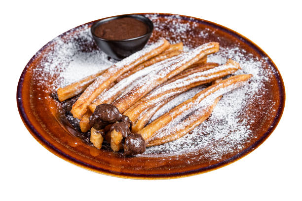 istock Spanish tapas churros with sugar and chocolate sauce.  High quality Isolate, white background. 1624858082