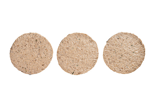 Raw Meat Free Plant Based Burger patties, vegetarian cutlets.  High quality Isolate, white background