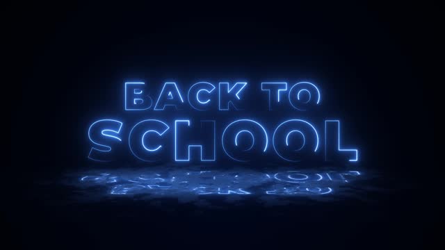 Back to school neon lights animation promote advertising next education or businnes concept. Use to promote education, business on your social network. Led neon light with reflection in the wet floor