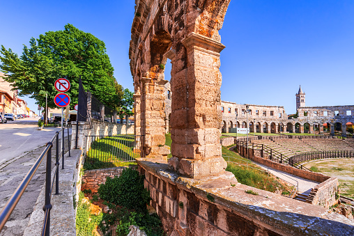 Pula, Croatia. Detail view at famous Pola Arena, Roman Empire time. Istria Peninsula of Dalmatia historical region.