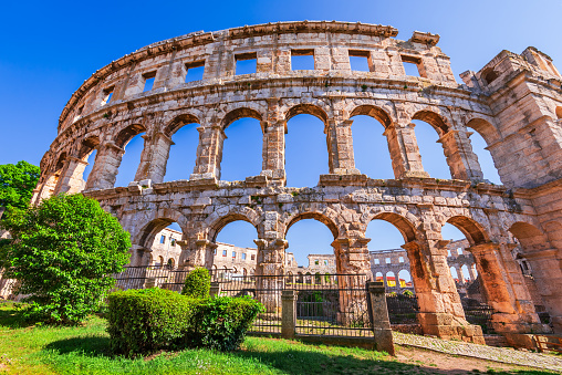 Pula, Croatia. Majestic view at famous european city of Pula (Pola) and arena of roman time. Istria Peninsula of Dalmatia historical region.