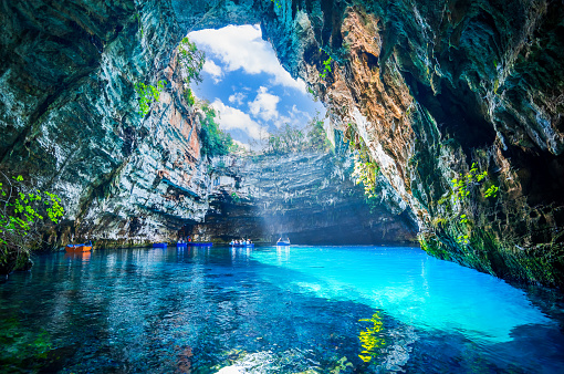 Melissani Cave, Kefalonia, Greece. In Greek mythology, Melisani was the cave of the Nymphs. Greek Islands.