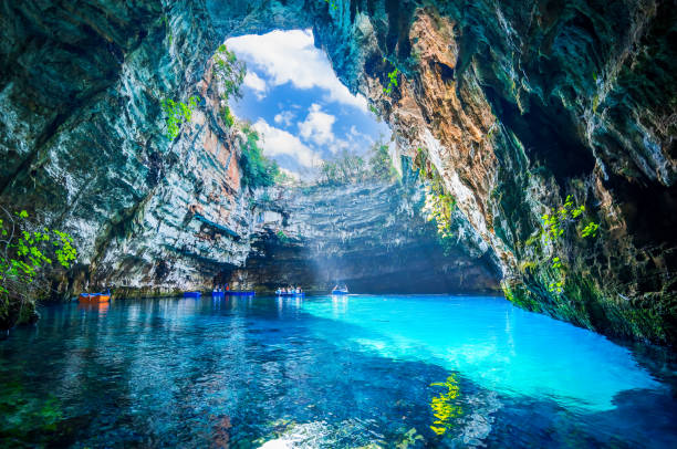 Melissani Cave, Kefalonia. Natural landmark of Ionian islands, Greece. Melissani Cave, Kefalonia, Greece. In Greek mythology, Melisani was the cave of the Nymphs. Greek Islands. kefalonia stock pictures, royalty-free photos & images