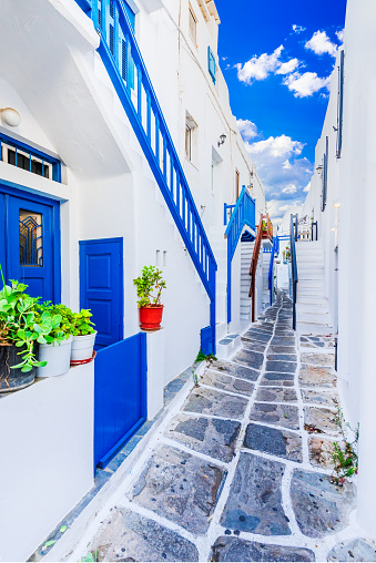 Mykonos, Greece. Whitewashed small town, beautiful Greek Islands of Cyclades.