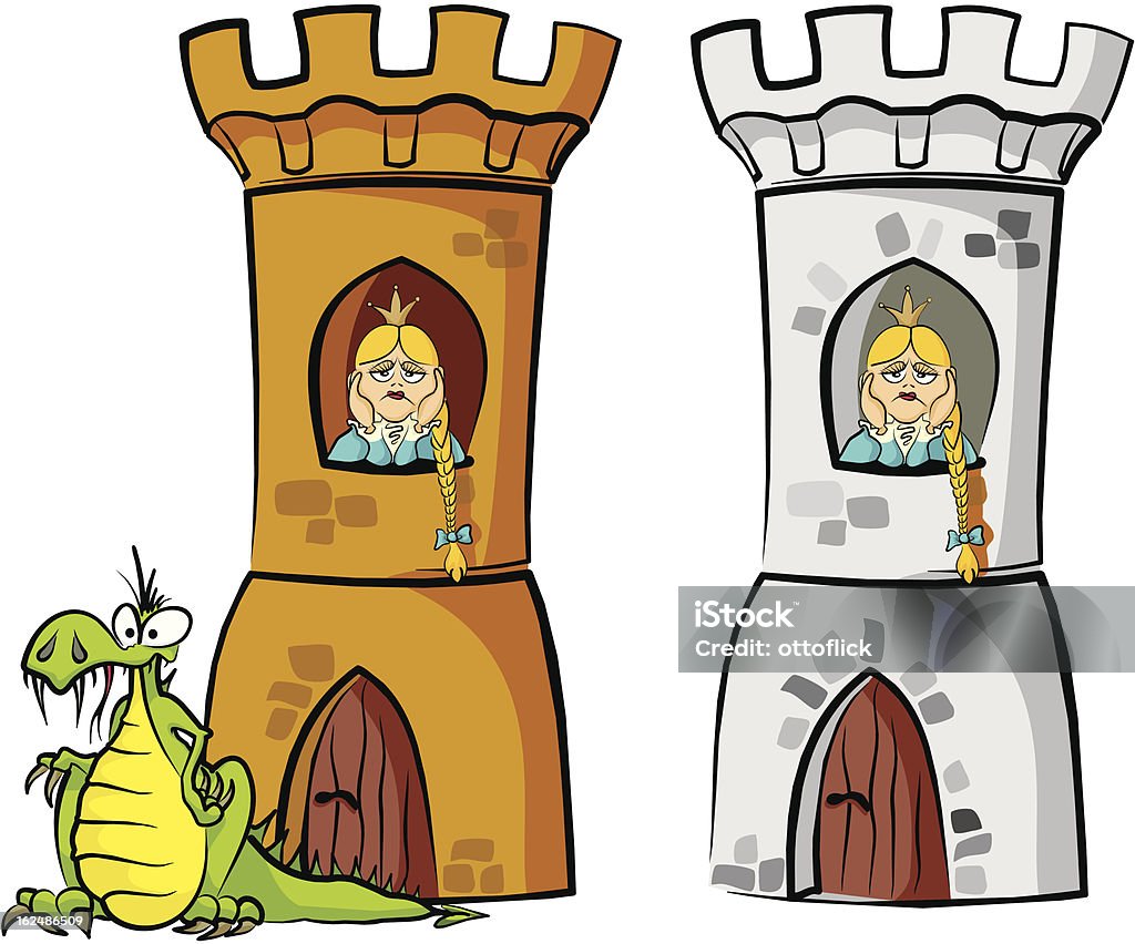 dragon et Princesse dans la tour - clipart vectoriel de Cartoon libre de droits