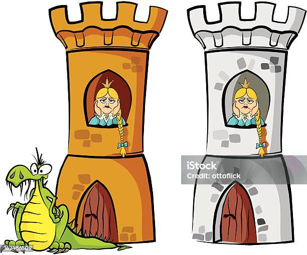 Smok I Princess W Tower - Stockowe grafiki wektorowe i więcej obrazów Dowcip rysunkowy - Dowcip rysunkowy, Rapunzel, Księżna - Członek rodziny królewskiej
