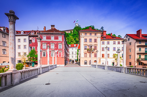 Ljublijana, Slovenia. Cobblers' Bridge is a picturesque pedestrian bridge, known for its colorful facade and historic association with shoemakers.