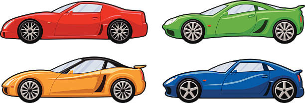 ilustraciones, imágenes clip art, dibujos animados e iconos de stock de cuatro coches deportivos - drag racing lighting equipment sports race auto racing