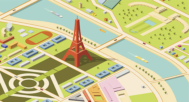 Isometric map of Eiffel Tower and environs Paris, isometric map of Eiffel Tower and environs. Champs de Mars, River Seine and nearby palaces are visible. eiffel tower paris illustrations stock illustrations