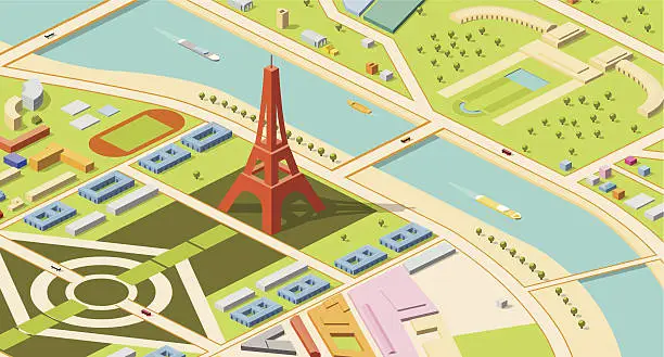 Vector illustration of Isometric map of Eiffel Tower and environs