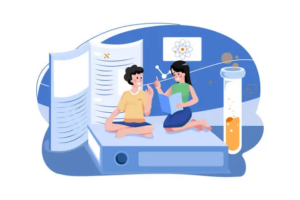 Vector illustration of Students Reading Book Together