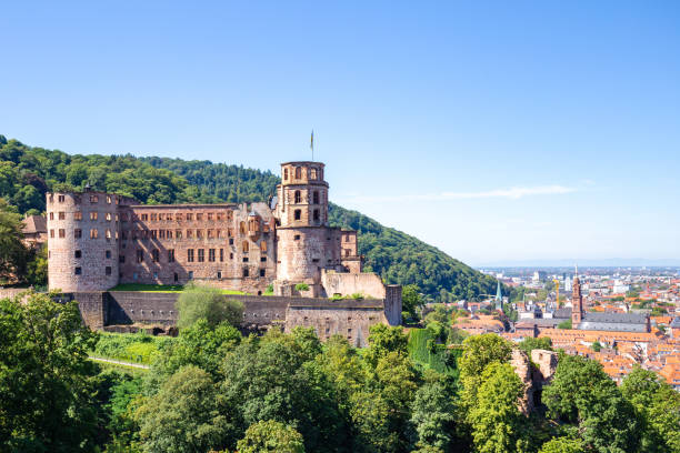 Heidelberg, Germany - July 04, 2005:  View of houses with forest on the hill at old town in Heidelberg Germany