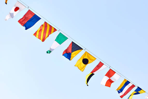 istock Signal flags on ship on sky background 1624882412