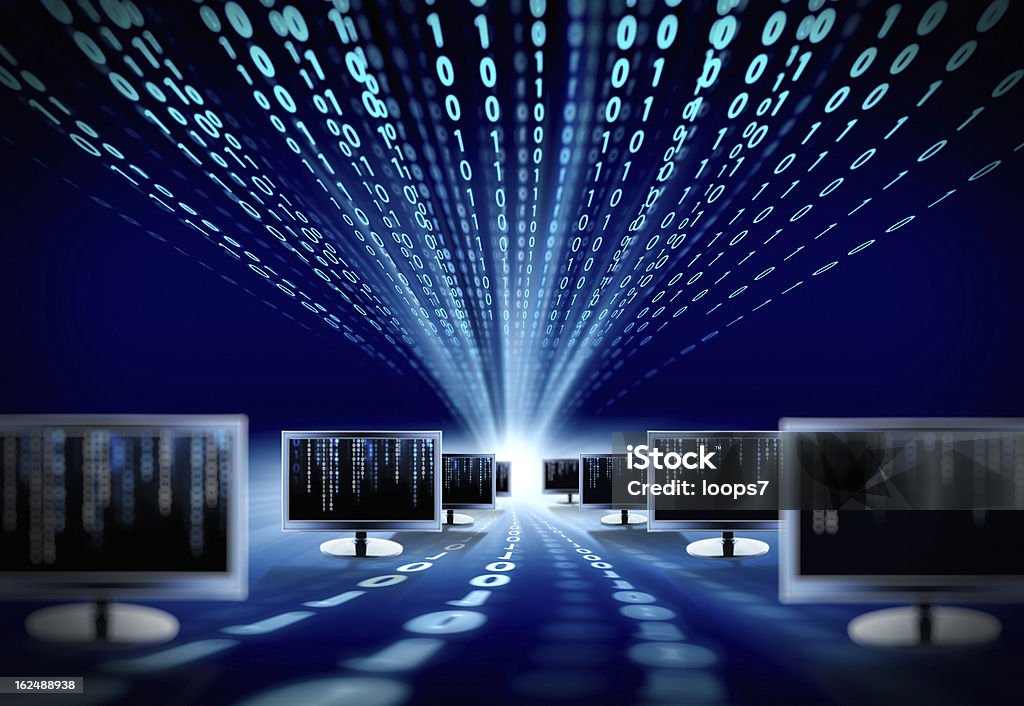 binary code and computer monitors monitors on binary code floor Virtual Reality Stock Photo