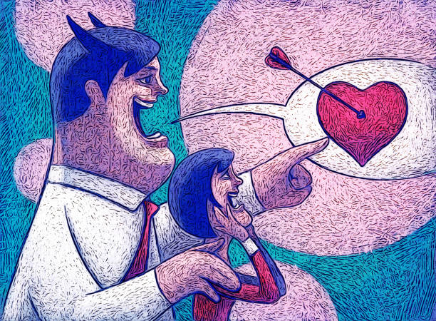 evil man embracing woman and pointing heart with arrow digital painting / raster illustration of evil man embracing woman and pointing heart with arrow lying friends quotes stock illustrations