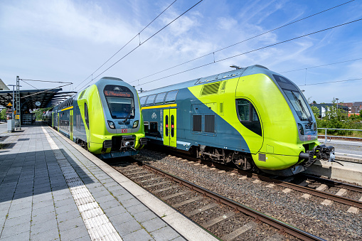 Rendsburg, Germany - June 14, 2021: DB Regio Bombardier Twindexx Vario train in NAH.SH livery at Rendsburg station