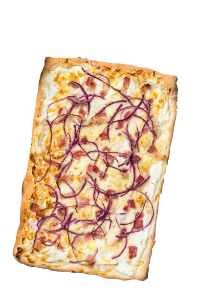 Traditional German Flammkuchen pie with ham and onion.  High quality Isolate, white background