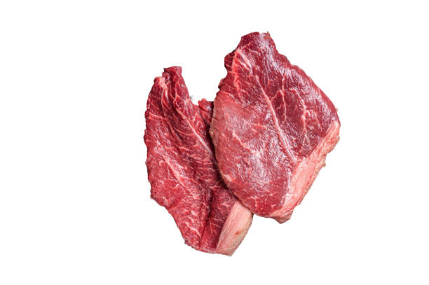 istock Butcher choise beef raw steaks on butcher knife. High quality Isolate, white background. 1624937269