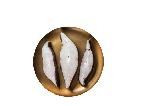istock Sliced halibut fish, raw steaks on plate with thyme. High quality Isolate, white background 1624937433