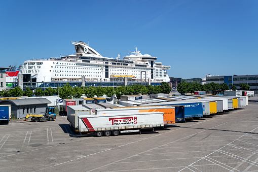 Kiel, Germany - June 16, 2021: trailers at the Norwegenkai in Kiel
