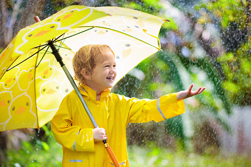 Child playing in the rain on sunny autumn day. Kid under heavy shower with yellow duck umbrella. Little boy with duckling waterproof shoes. Rubber wellies boots. Fall outdoor activity by rainy weather