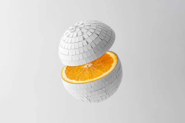 istock Creative concept of summer fruits. Mirrored white disco ball with orange inside on white background. 1624955817