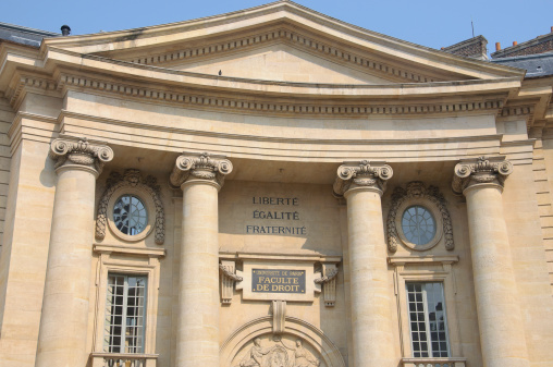 Facade of the Faculty of Law in Paris. In the centre: freedom, equality, brotherhood.
