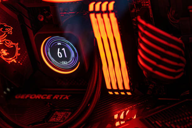 High-End Gaming PC Components Detailed view of premium components inside a top-tier gaming computer, showcasing cutting-edge technology. motherboard ram slots stock pictures, royalty-free photos & images