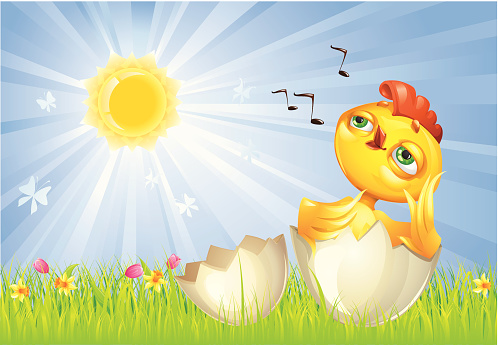 Dreaming and singning chicken. It's very nice illustration for Easter Holidays. You can just place your Easter wishes in the place of sun. 