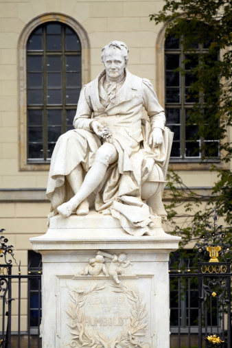 BERLIN, GERMANY - APR 2, 2016: Statue of Alexander von Humboldt in Berlin in front of the Humboldt University