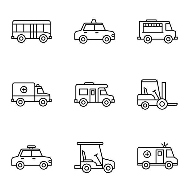 자동차 아이콘이 설정되었습니다. 흰색 배경에 전송 유형입니다. - ambulance mini van speed emergency sign stock illustrations
