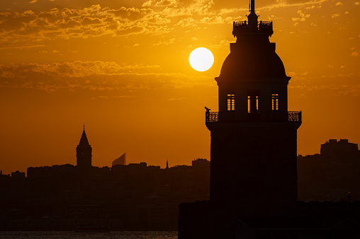 Istanbul cityscape from Üsküdar Coast at orange sunset.