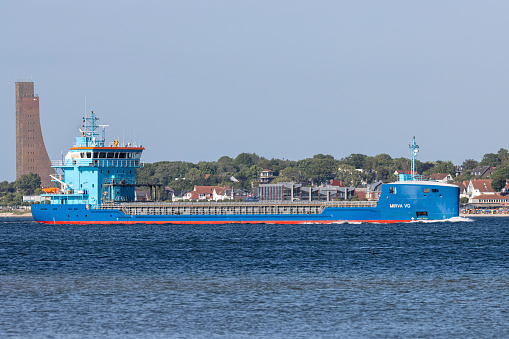 Kiel, Germany - June 13, 2021: general cargo vessel Mirva VG in the Kiel Fjord