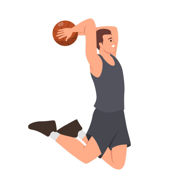 Illustration of a basketball player man jump for dunk. Illustration of a basketball player man jump for dunk. Flat vector illustration isolated on white background silhouette of basketball player slam dunk stock illustrations